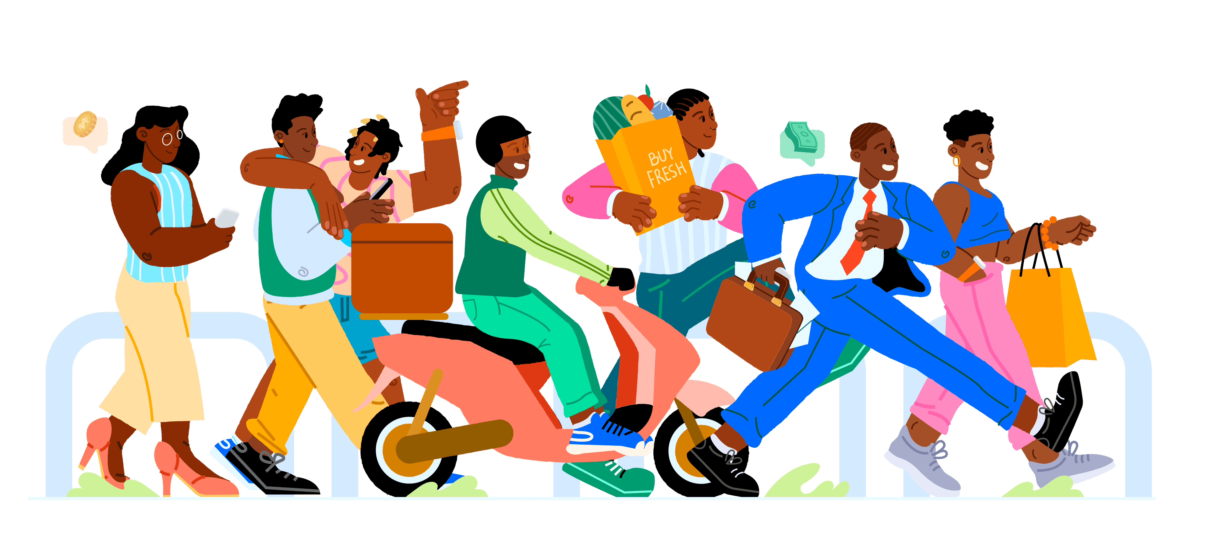 Dropa delivery platform illustration with riders, tracking, and happy customers